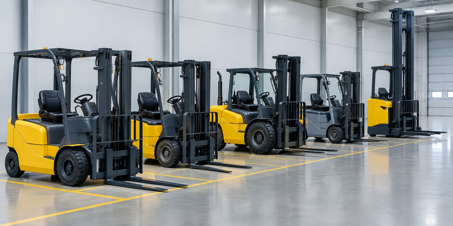Depoda sıralanmış forkliftler ve reach truck